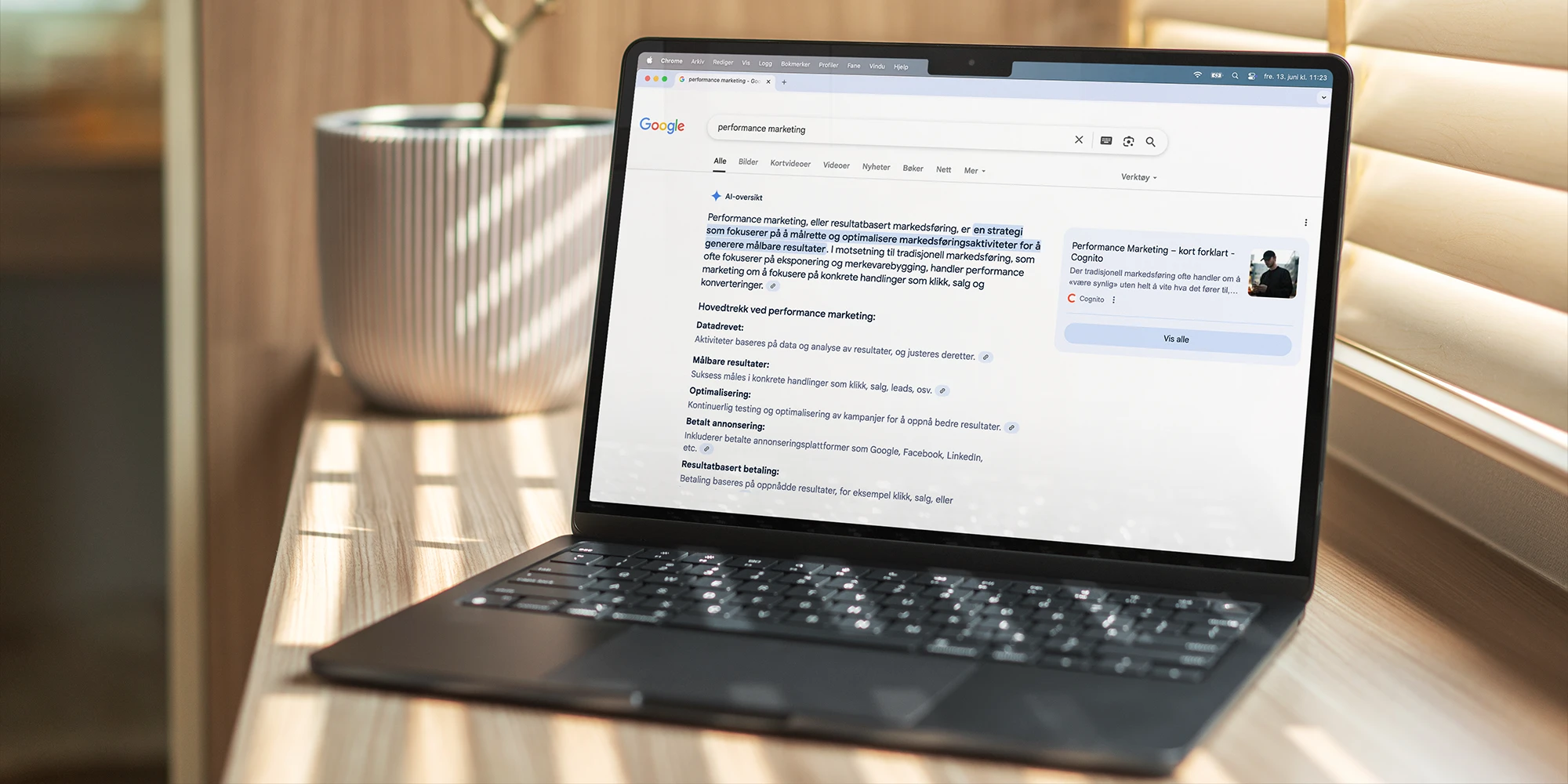Macbook med AEO google søk på skjermen. Cognito rangerer høyest.