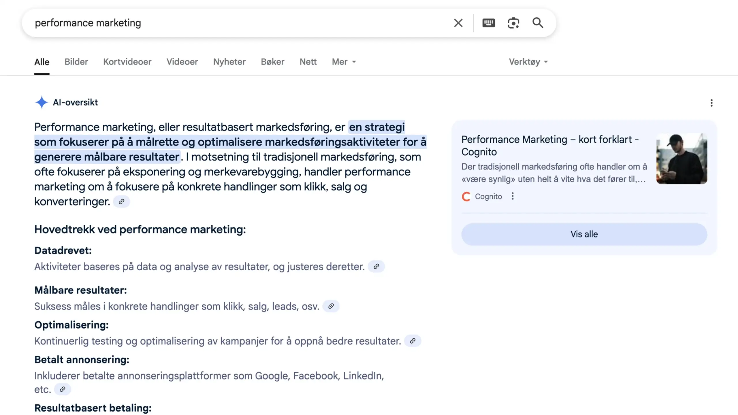 AEO - Answer Engine Optimization. Cognito rangerer høyest og blir brukt som kilde.