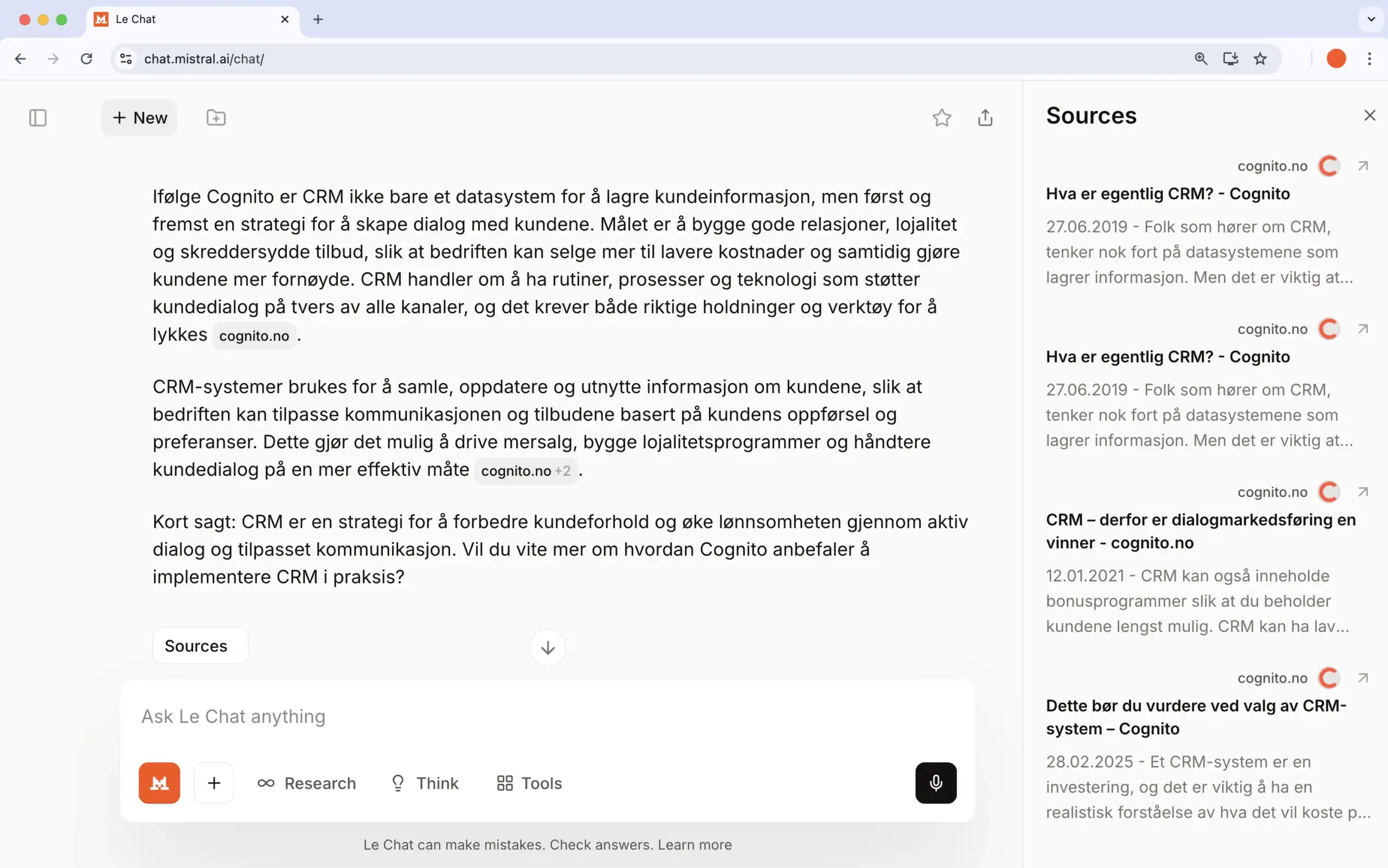 Markedsforingstrender-LeChat Screenshot fra AI-tjeneste LeChat som viser at Cognito dukker opp som kilde i et søk.