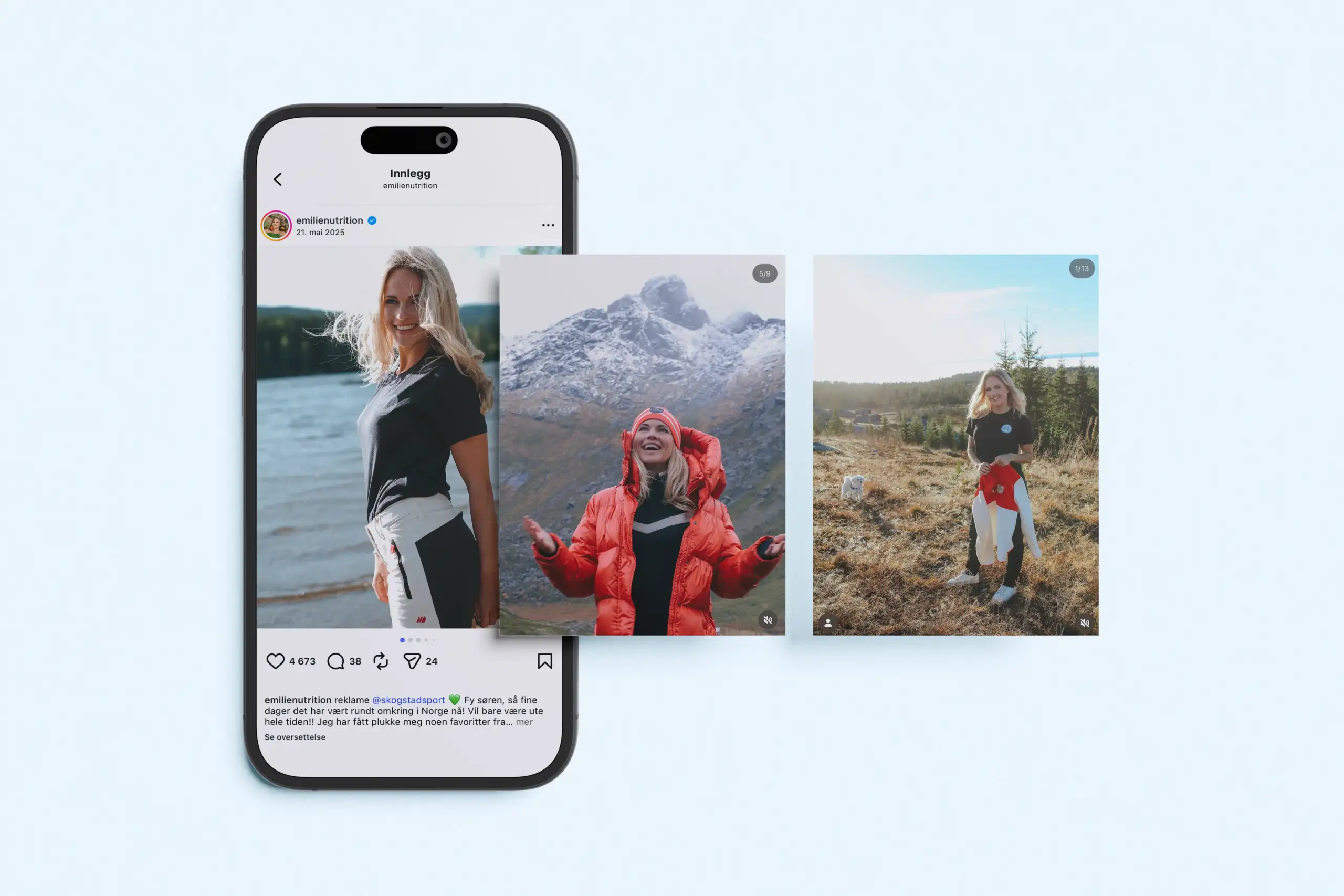 Markedsforingstrender-Skogstad-Nereng Mockup av iPhone som viser Instagram-innlegg som viser samarbeid mellom Emilie Nereng og Skogstad Sport